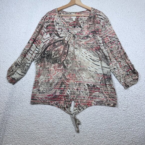 Chico's Tops - Chicos Womens Paisley Tie Hem Top Size XXL V-Neck 3/4 Sleeve